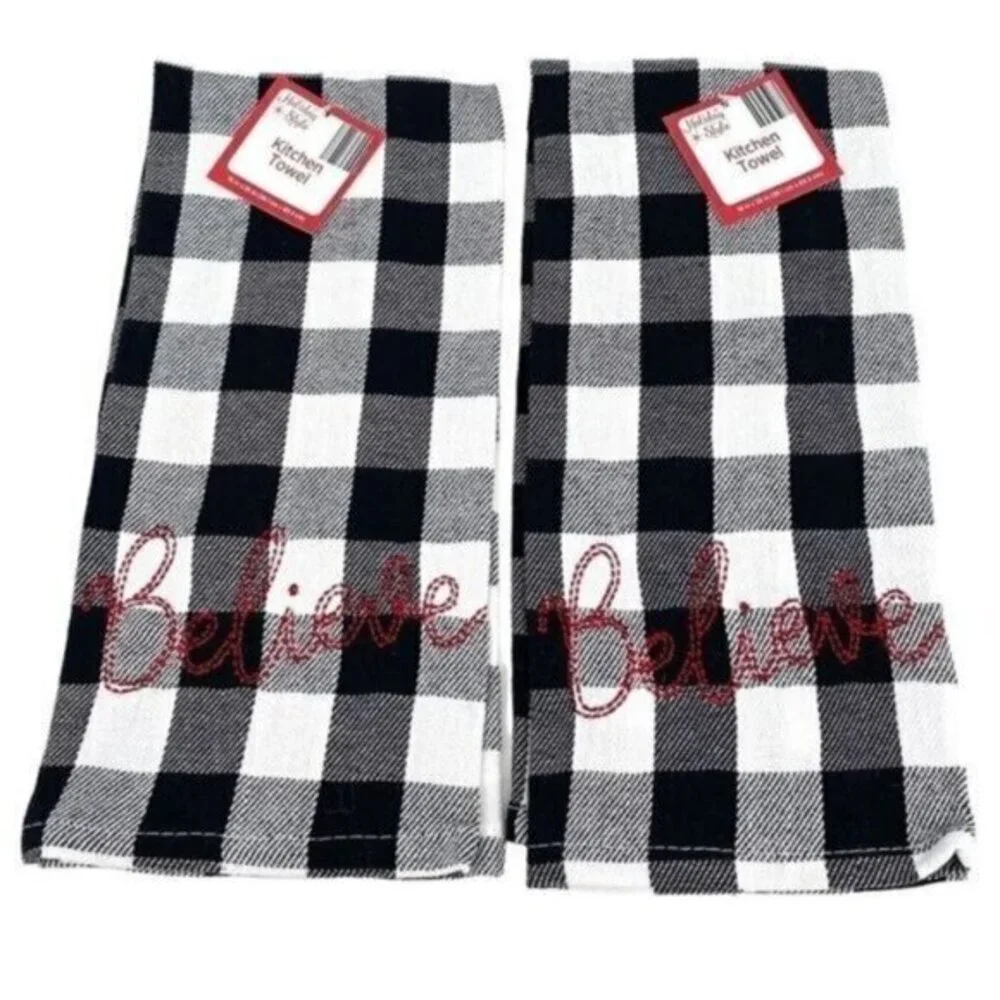 Black and White Buffalo Check Embroidered Holiday Kitchen Towel Set